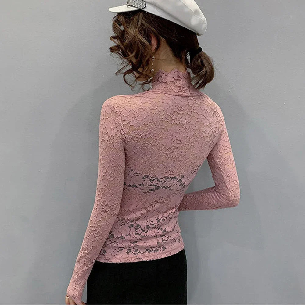 Stretch Floral Lace Petal Sleeve Shirt Women's Long Sleeved S-3XL T Shirt Ladies Perspective Blouse Tops Sexy Lace Tees Clothing