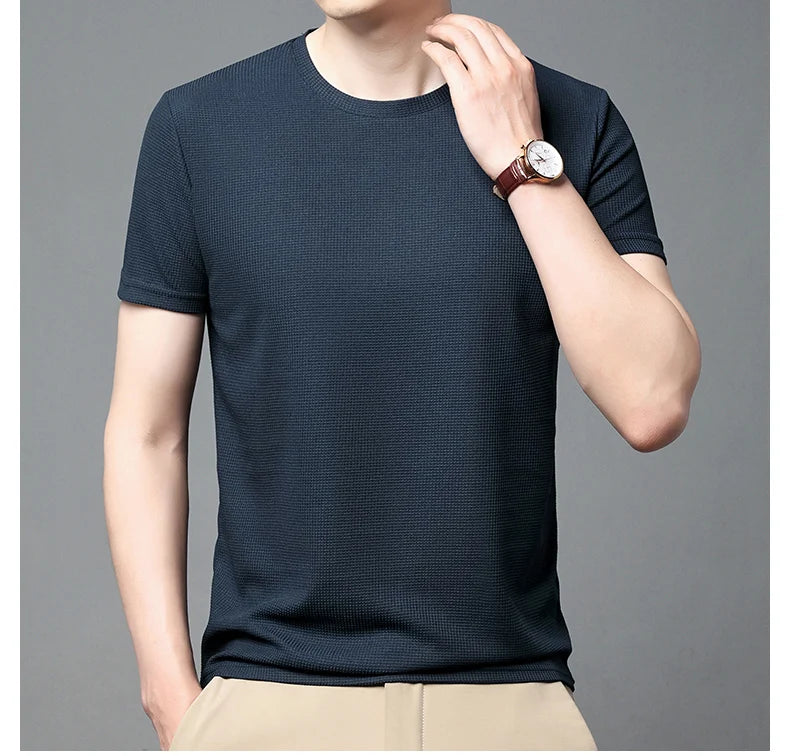 Short sleeved Polo shirShort sleeved Waffle Solid Polot fashion splicing men's round neck top cotton daily short sleeved T-shirt