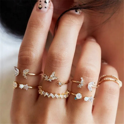 LETAPI 2024 New Fashion Bohemian Heart Ring Set For Women Crystal Stars Moon Flower Love Geometric Finger Vintage Jewelry Gifts