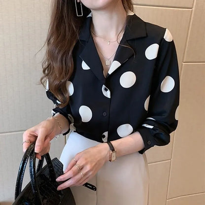 Polka Dot Women's Shirt Elegant Lapel Button-up Blouse Long Sleeve Summer  Tops Vintage Casual Female Clothing DF4931