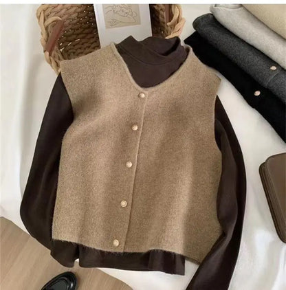 C.New S Autumn New Women Cardigan Korean Elegant Knitted Sleeveless Female Casual Sweater Tanks Slim Fashion Ladies Casual Tops