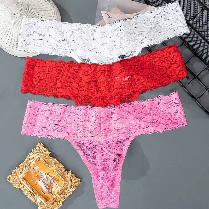 3PCS Lace Floral Women Panties Low Waist Breathable Briefs Female Thong Underwear M-2XL Solid Sexy G-String Transparent Panty