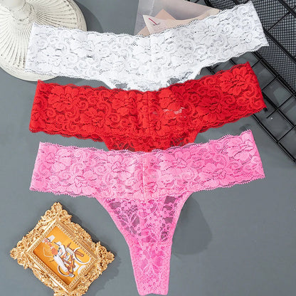 3PCS Lace Floral Women Panties Low Waist Breathable Briefs Female Thong Underwear M-2XL Solid Sexy G-String Transparent Panty