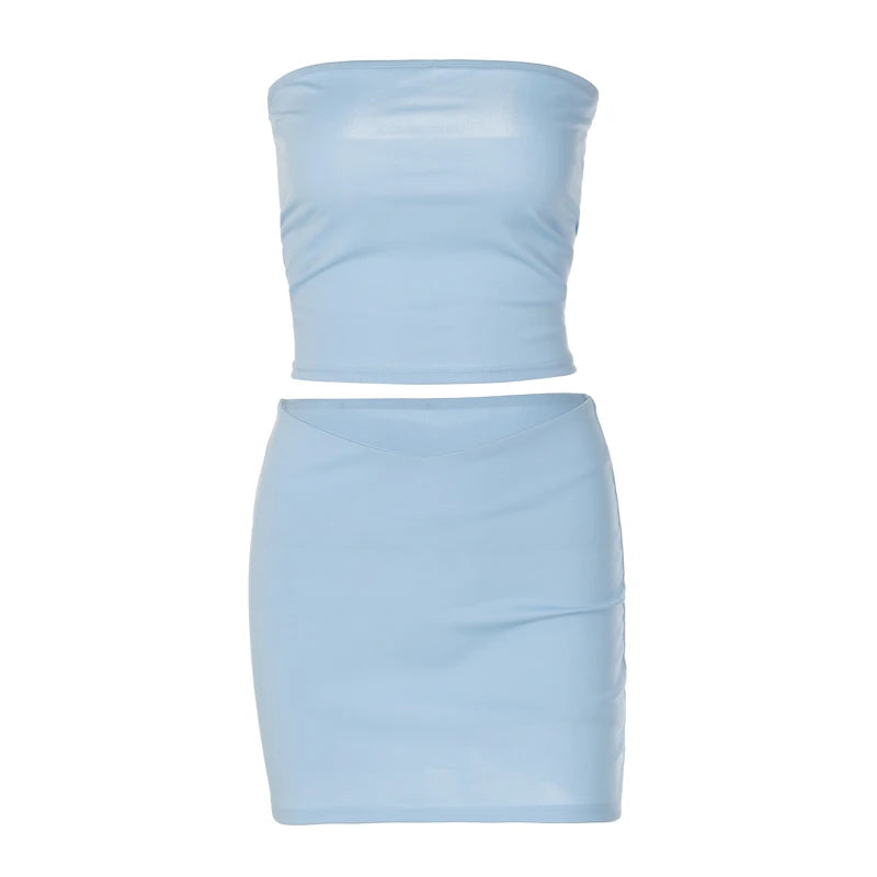 Hugcitar Solid Sleeveless Folds Tube Crop Top Skirts