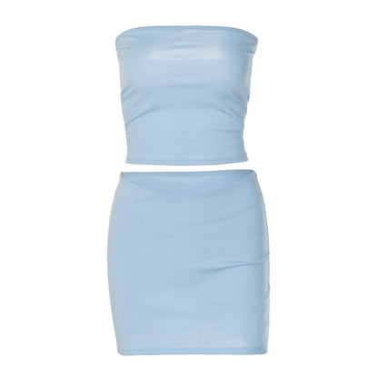 Hugcitar Solid Sleeveless Folds Tube Crop Top Skirts