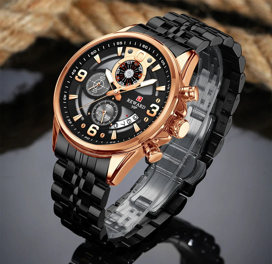 REWARD New Mens Watches Stainless Steel Luxury Waterproof Chronograph Luminous Wrist Watch Fashion Men Sports Quartz Watch