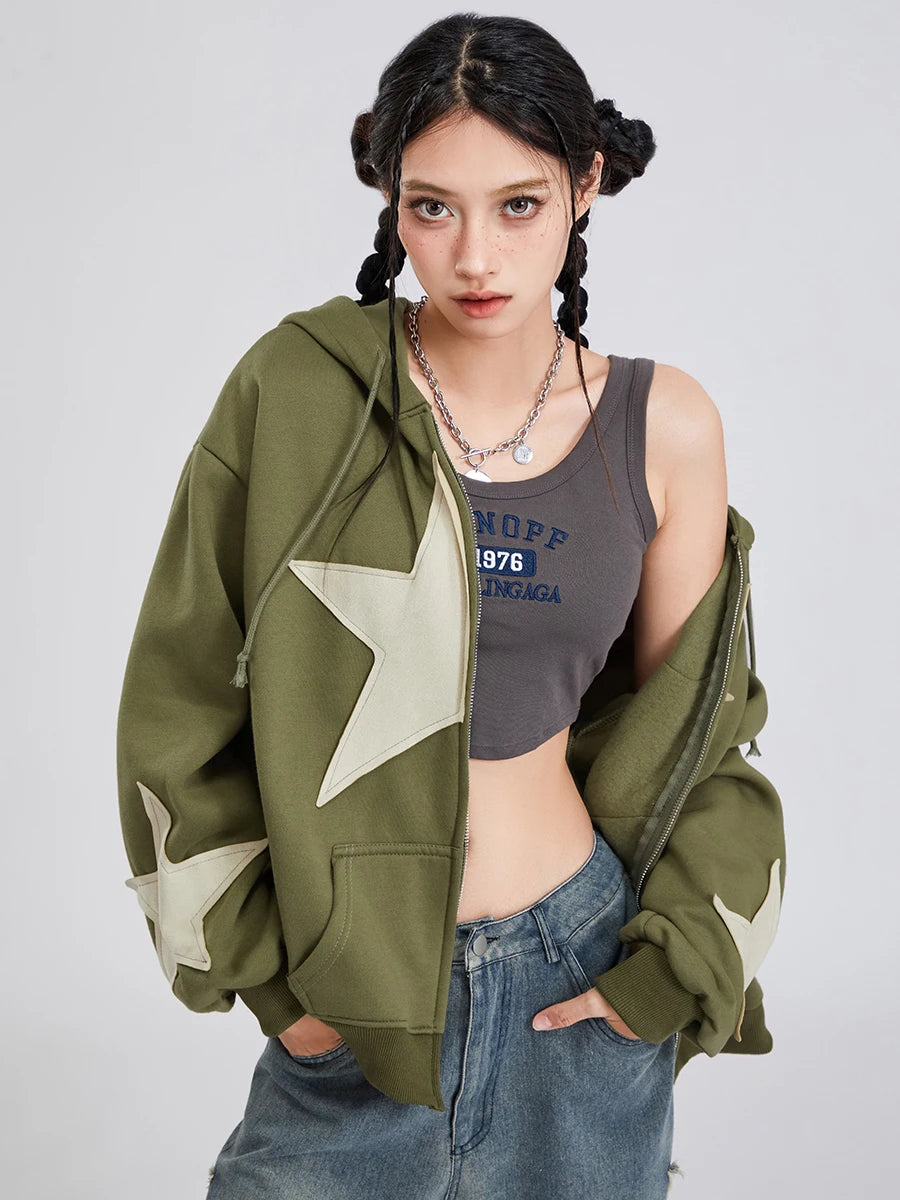 Y2K Vintage Star Print Hooded Hoodie for Women Casual Loose Long Sleeve Zip Up Drawstring Sweatshirts Autumn Spring Coat Street