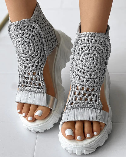 gold Knitted Woolen Sandals woman summer 2025 New Braided Elastic Shoes Mesh Flat Bottom Hollow Out Female Sandals Mujer