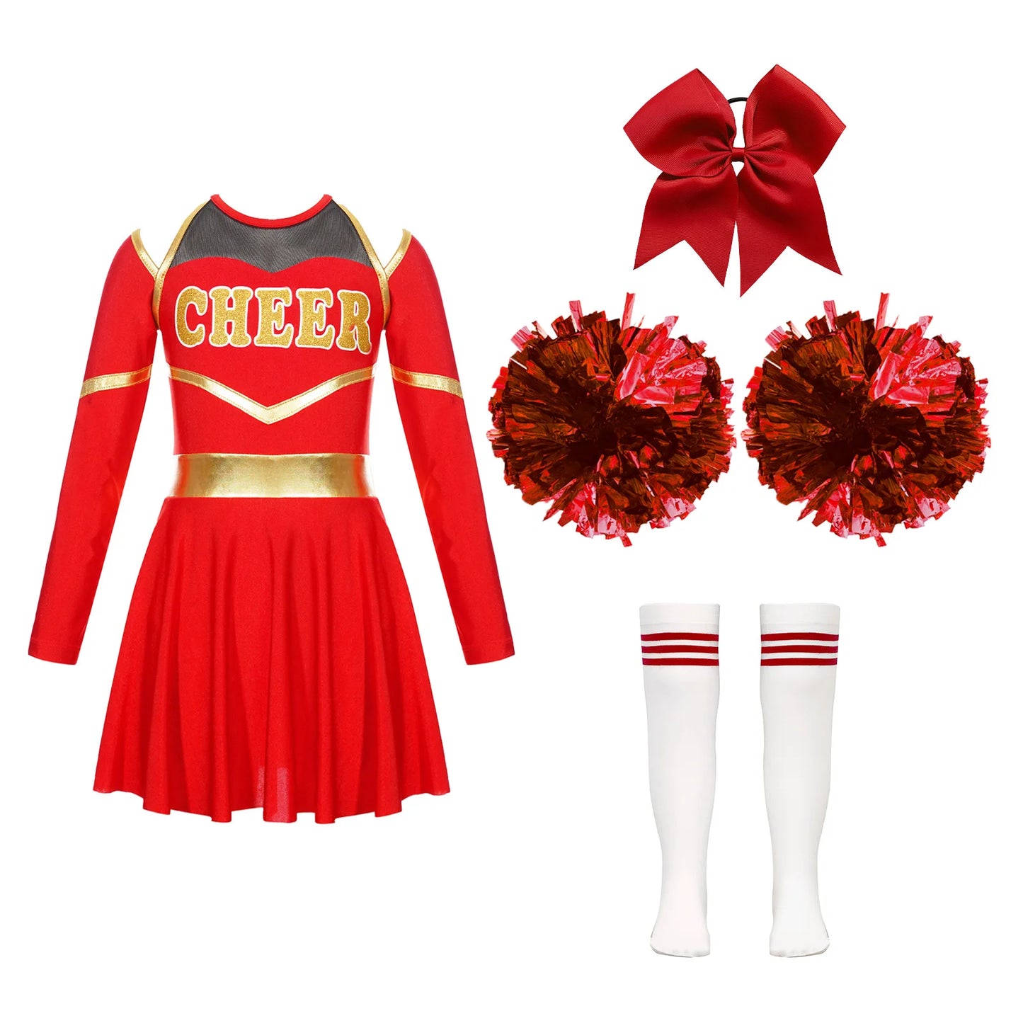 Kids Girls Cheerleader Costume Halloween Cheerleading Dress with Pom Poms Bow Hair Clip Socks Birthday Party Gifts