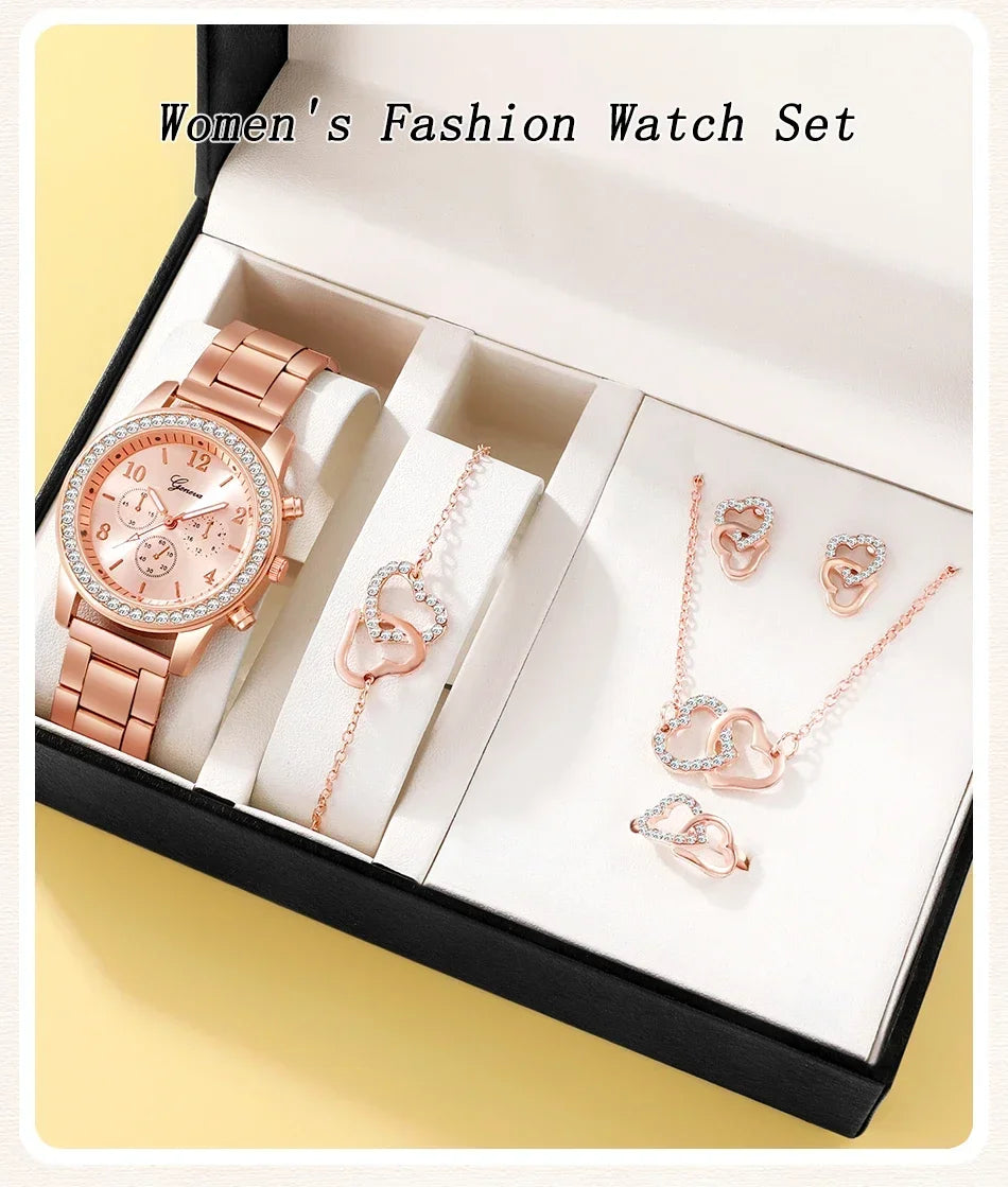 6PCS Set Rose Gold Luxury Watch Women Ring Necklace Earring Rhinestone Fashion Wristwatch Casual Ladies Bracelet Watches