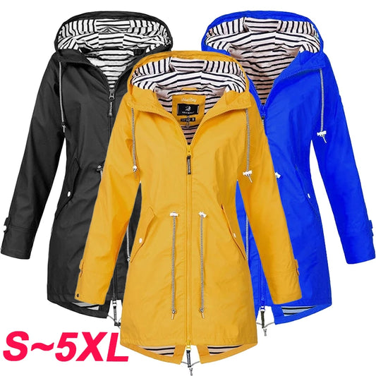 Fashionable women's windproof and waterproof trench coat Long sleeved coat Casual pants Zipper hooded raincoat S~5XL