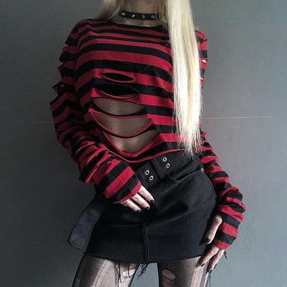 Harajuku Punk Style Crop Tops Dark Academia Striped Hollow Out T Shirt Cyber Mall Goth E-girl Long Sleeve Tees Grunge Clothes