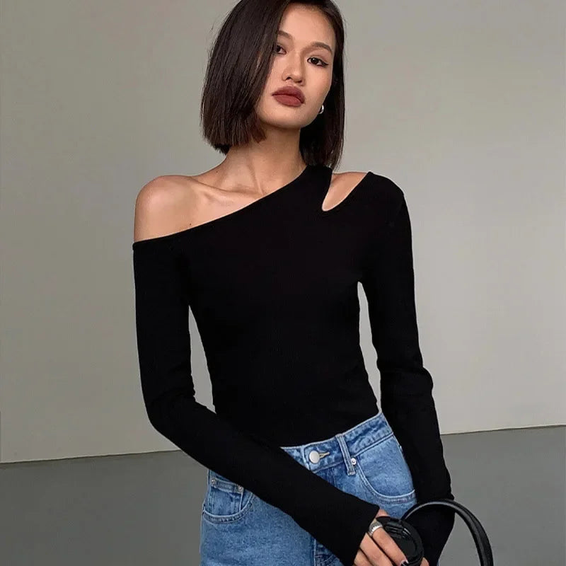 Fashion Skew Collar Off-shoulder Long-sleeved T-shirts Women Spring New Solid Slim Fit Crop Top Sexy Hollow Out Tees Shirts