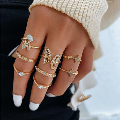 LETAPI 2024 New Fashion Bohemian Heart Ring Set For Women Crystal Stars Moon Flower Love Geometric Finger Vintage Jewelry Gifts