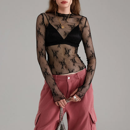 Sexy Lace Tops See Through Mesh Long Sleeve Crop Top Floral Sheer Fitted Tees Y2k Women Top Shirt Blouse