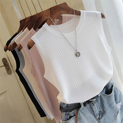 Sleeveless O-neck Knitted Blouse Shirt