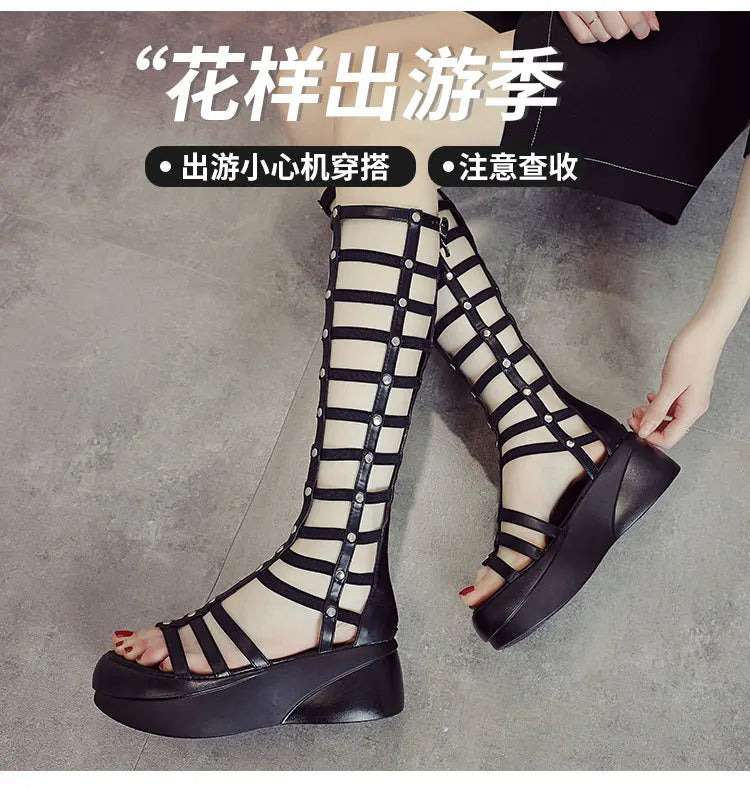 2022 Women's Summer Boots Women Shoes Fashion Cutout High Top Sandals Breathable Striped Roman Shoes Platform Boots Thigh High