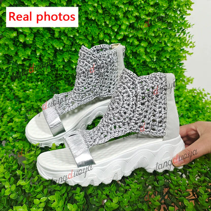 gold Knitted Woolen Sandals woman summer 2025 New Braided Elastic Shoes Mesh Flat Bottom Hollow Out Female Sandals Mujer