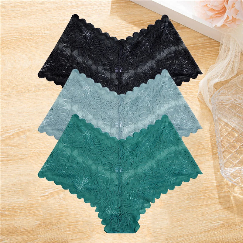 FINETOO 3Pcs/set Lace Boyshort Panties Women Low-Rise Floral Underwear S-XL Girls Sexy Panties Ladies Lace Underpants Lingerie