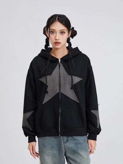 Y2K Vintage Star Print Hooded Hoodie for Women Casual Loose Long Sleeve Zip Up Drawstring Sweatshirts Autumn Spring Coat Street