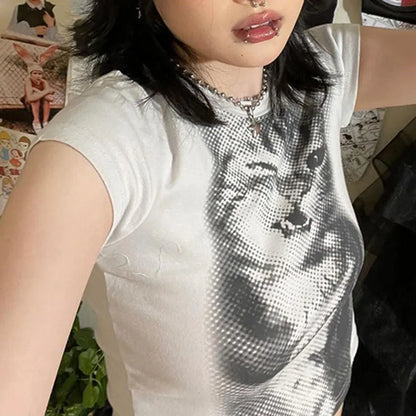 Harajuku Animal Print Crop Top Basic White Short Sleeve Crewneck T-shirt Women Casual Slim-fitting Tees Lady y2k Vintage