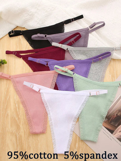 FINETOO 5PCS/Set Sexy G-string Panties Cotton Women's Underwear  Adjustable Waist Girl Female Pantys Bikini Lady Thongs Lingerie