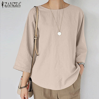 ZANZEA Spring Summer Women Blouse Casual 3/4 Sleeve O Neck Shirt Solid Baggy Tunic Tops Vintage OL Work Blusas Femme Chemise