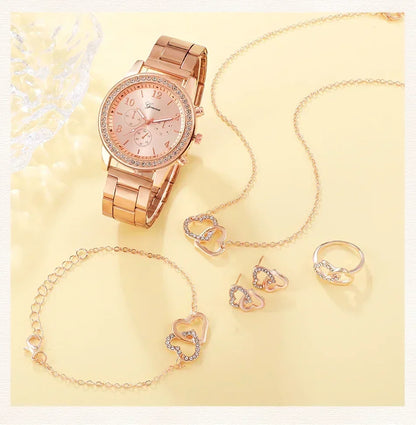 6PCS Set Rose Gold Luxury Watch Women Ring Necklace Earring Rhinestone Fashion Wristwatch Casual Ladies Bracelet Watches