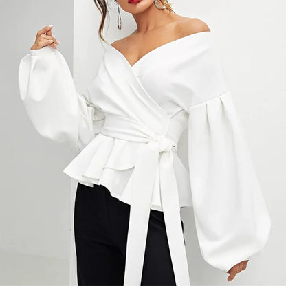 Fashion Elegant White Blouses Shirt Women's Sexy Off Shoulder V Neck Party Clothes For Women Lantern Sleeves Lace Up Slim Tops