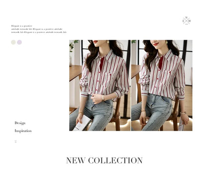 Shirts for Women New Slim Women's Clothing Fashion Polo-Neck Striped Womens Tops Long Sleeved Blouse Women OL Autumn Women Shirt