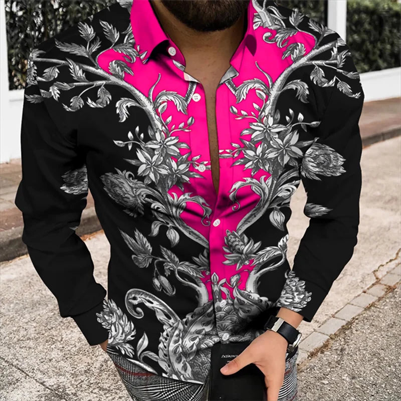 2024 Men's Shirt Floral Pattern 3D Printed Shirt Lapel Long Sleeve Costume Prom Party Dress 11 Colors Designer Casual S-5XL