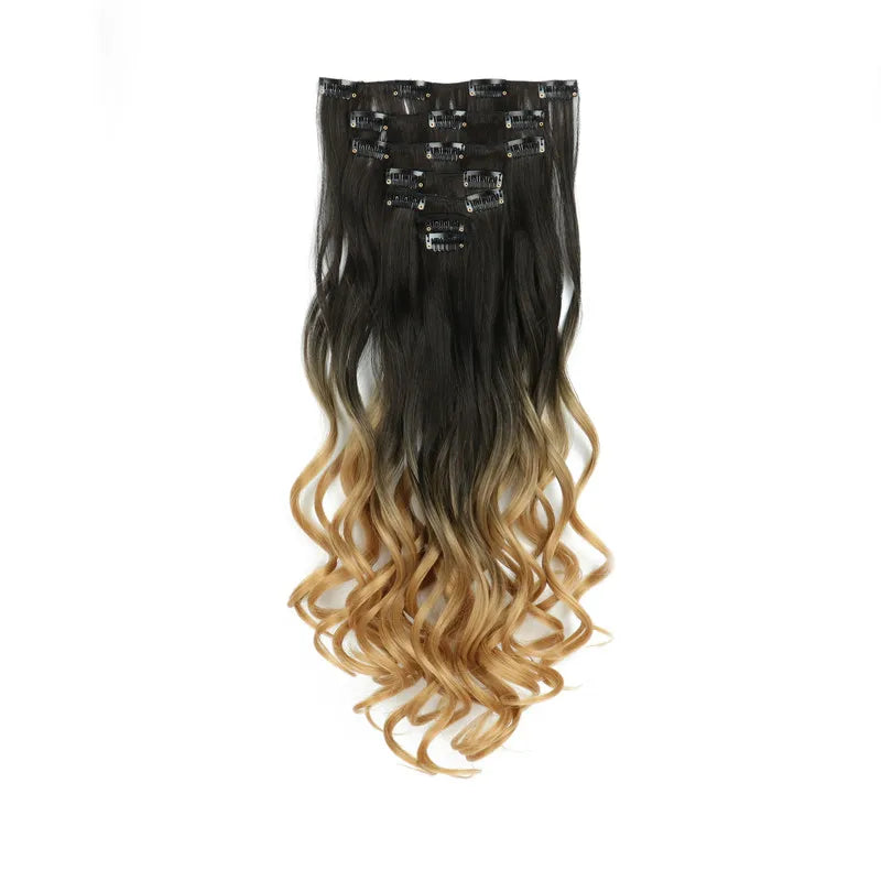 LINWAN Hair 22inch Ombre Hair Long Curly Hair Extension 16 Clips High Tempreture Synthetic Hairpiece Clip In Hair Extensions