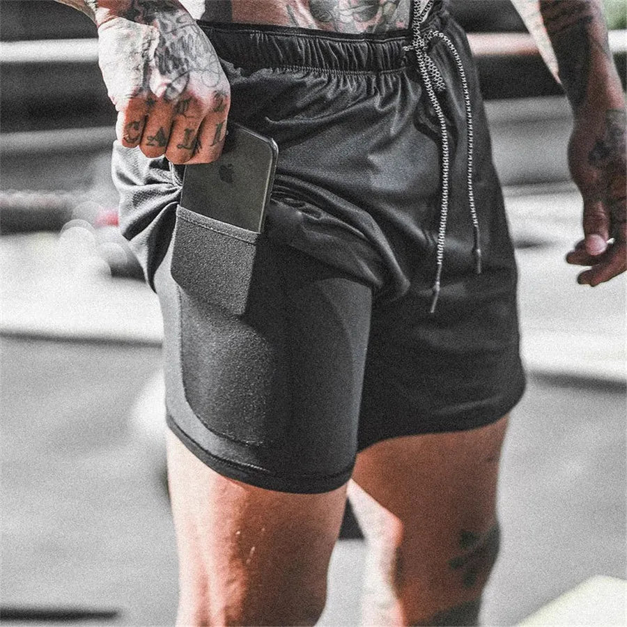 Men Sport Shorts  Sportswear Double-deck Running Shorts 2 In 1 Beach Bottoms Summer Gym Fitness Training Jogging Short Pants Men