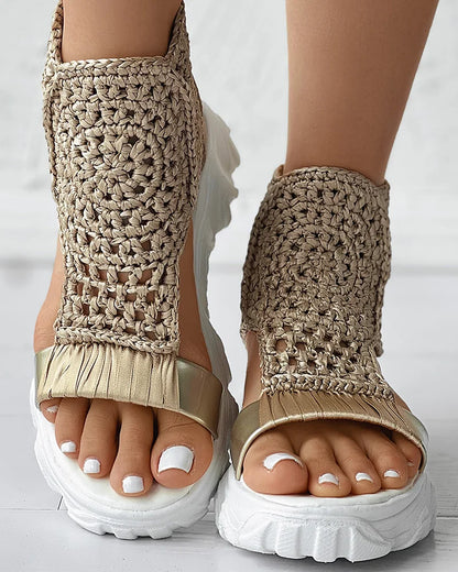 gold Knitted Woolen Sandals woman summer 2025 New Braided Elastic Shoes Mesh Flat Bottom Hollow Out Female Sandals Mujer