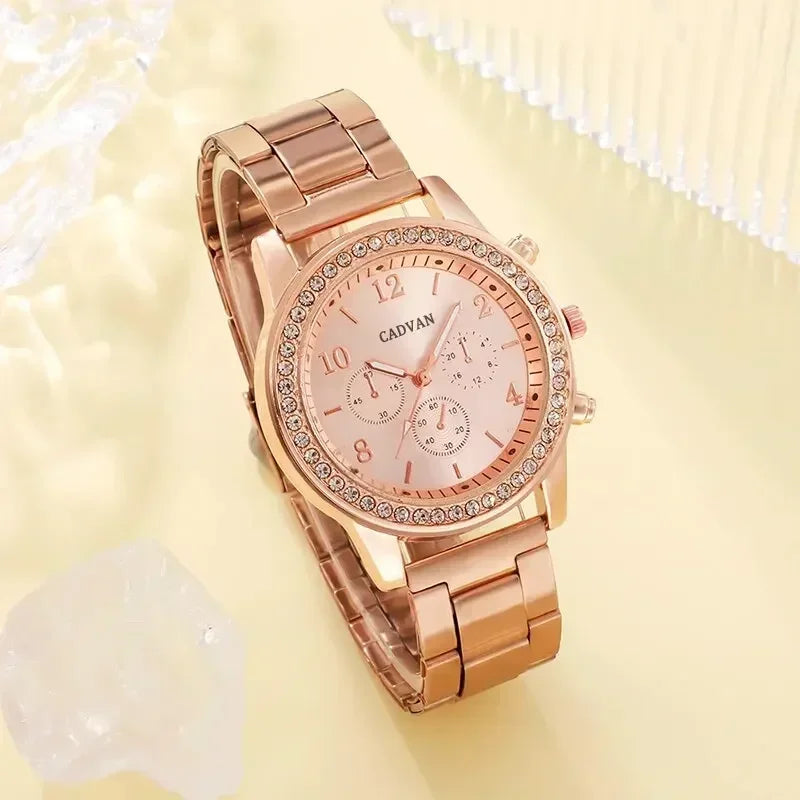 6PCS Set Rose Gold Luxury Watch Women Ring Necklace Earring Rhinestone Fashion Wristwatch Casual Ladies Bracelet Watches