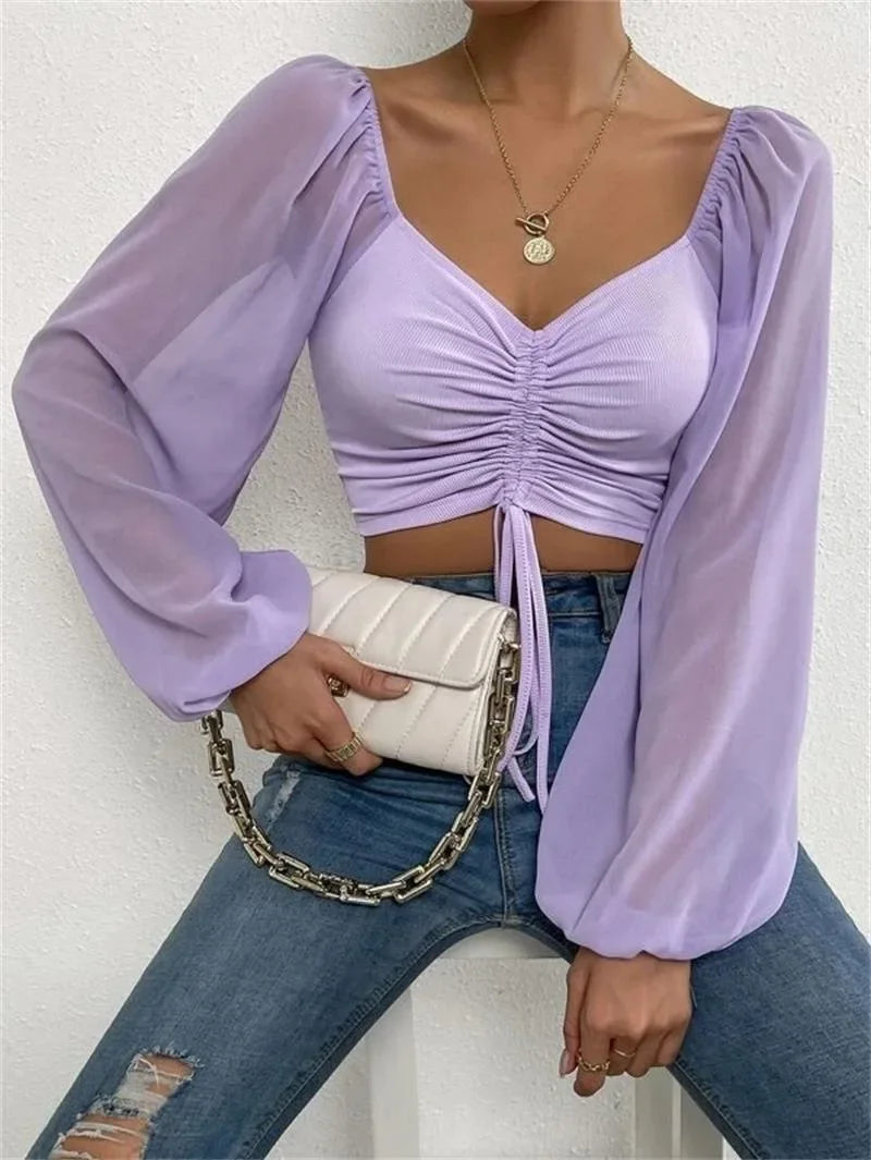 Sexy Women Mesh Lantern Sleeves Drawstring Wrap Chest Bare Midriff T Shirt Women Long Sleeves Bottoming