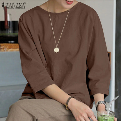 ZANZEA Spring Summer Women Blouse Casual 3/4 Sleeve O Neck Shirt Solid Baggy Tunic Tops Vintage OL Work Blusas Femme Chemise