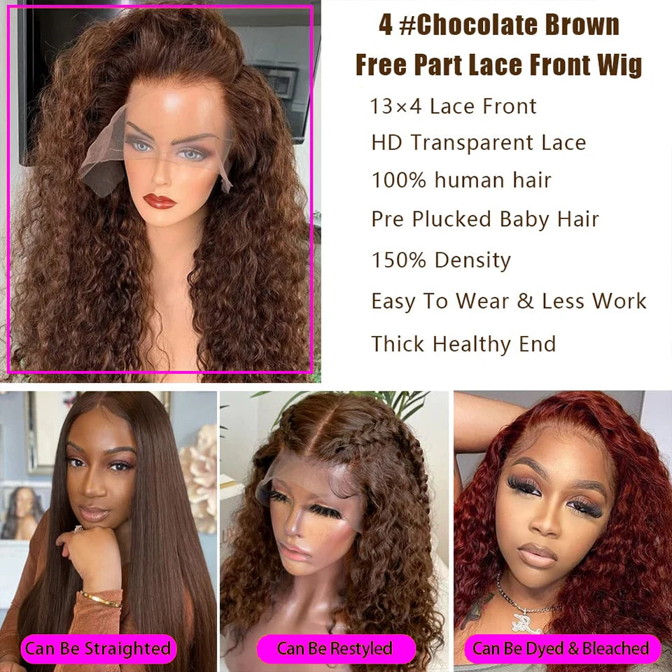 Deep Curly Wigs Human Hair Chocolate Brown 13x4 13x6 Hd Lace Frontal Wig Colored Water Wave Lace Front Wig for Women 30 36 Inch