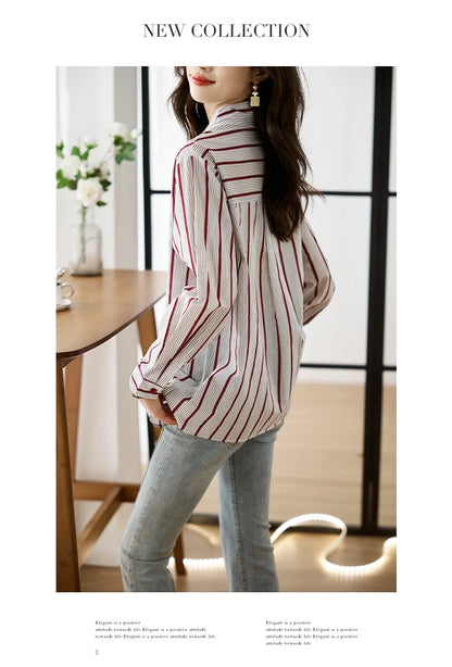 Shirts for Women New Slim Women's Clothing Fashion Polo-Neck Striped Womens Tops Long Sleeved Blouse Women OL Autumn Women Shirt