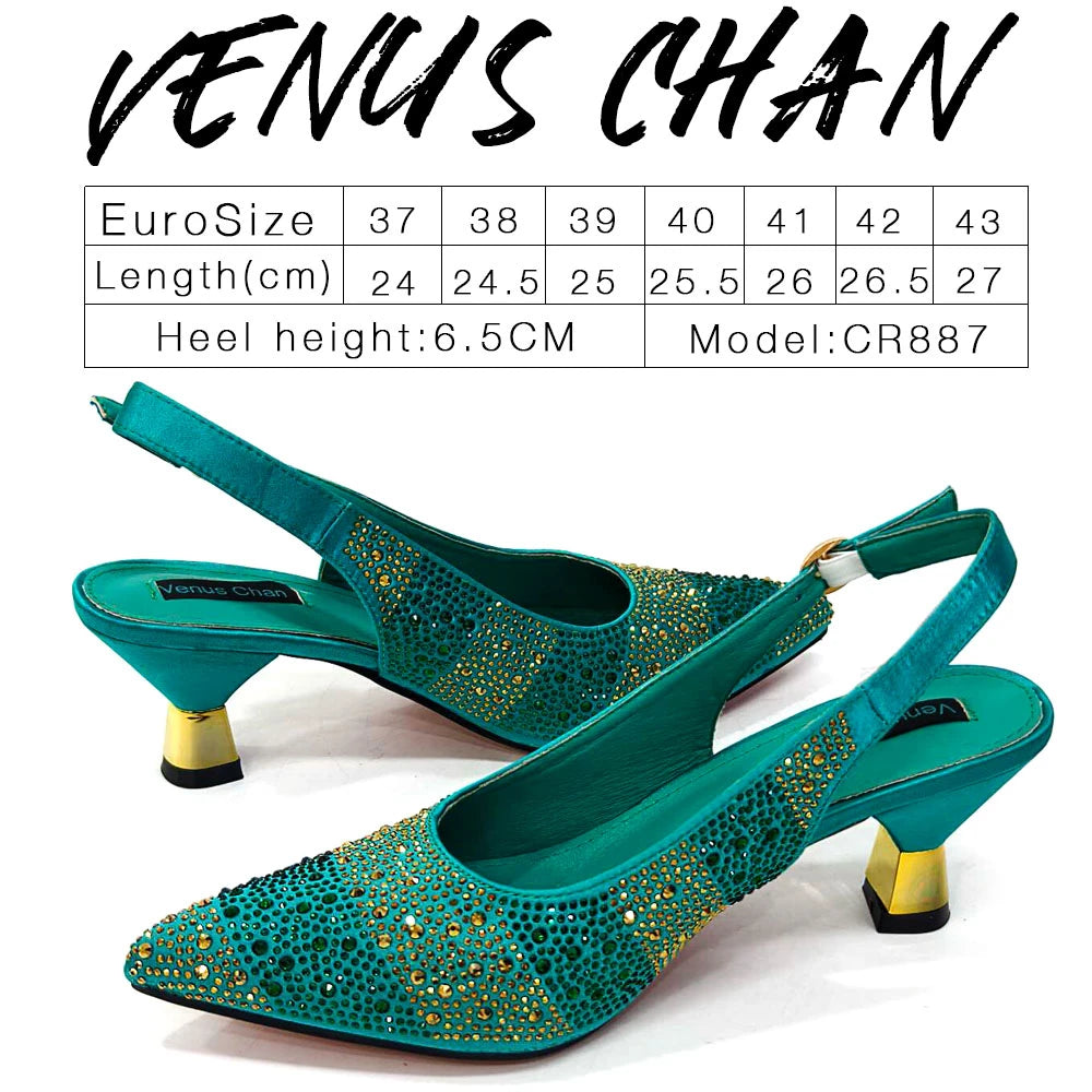 Venus Chan Italian Design Rhinestone-encrusted Ladies Party Shoes And Special Bag High Heels And Dual Purpose Bag Women's Shoes