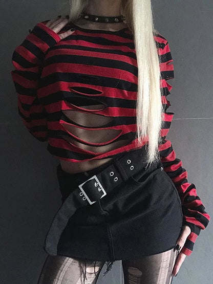 Harajuku Punk Style Crop Tops Dark Academia Striped Hollow Out T Shirt Cyber Mall Goth E-girl Long Sleeve Tees Grunge Clothes