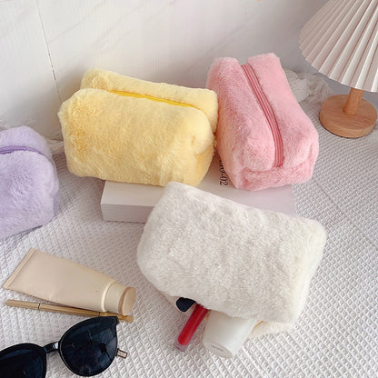 Cute Plush Makeup Bag for Women Zipper Large Solid Color Cosmetic Bag Travel Make Up Toiletry Bag Washing Pouch Plush Pen Pouch