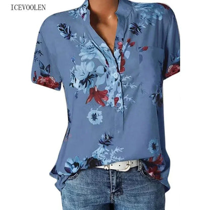 Elegant women's shirt printing large size casual shirt fashion V-neck short-sleeved shirt blouse