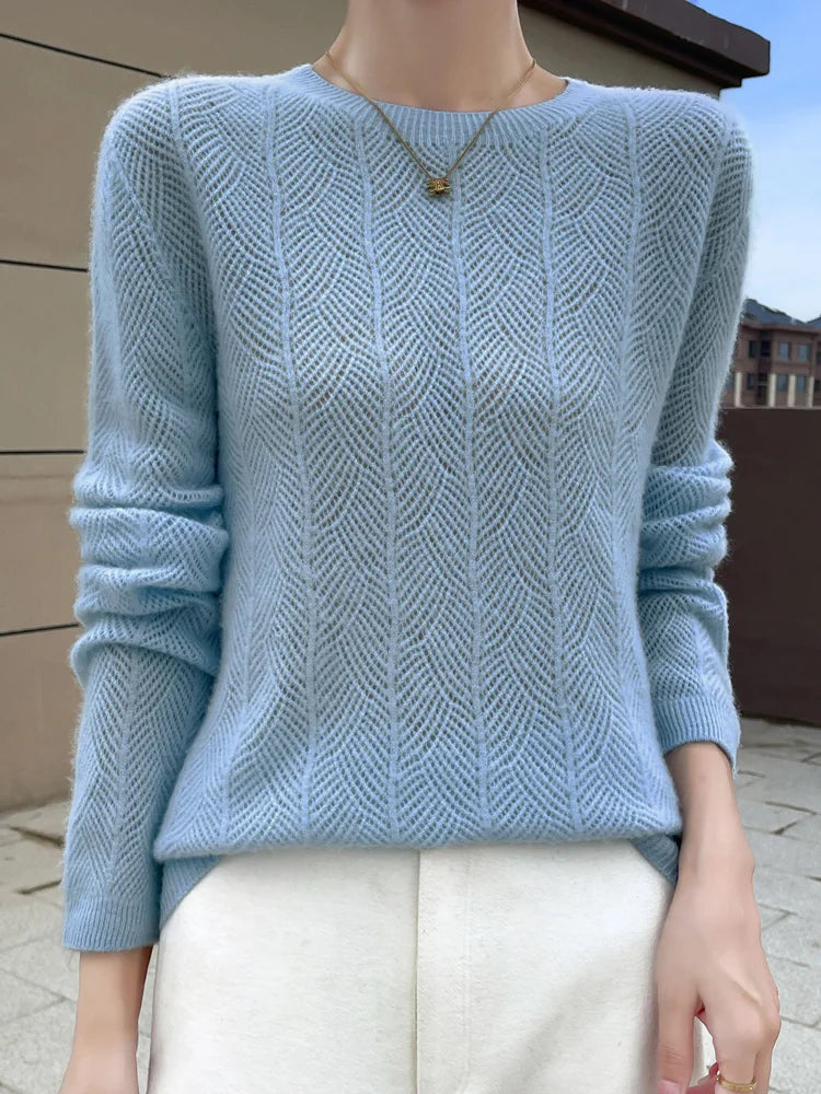 Women’s 100% Merino Wool Sweater Pullovers Hollow Out O-neck Cashmere Autumn Winter Long Sleeve Solid Grace Fashion Clothing Top