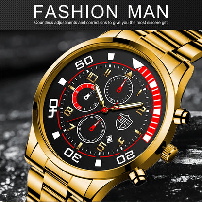 3PCS Set Fashion Mens Calendar Watches Male Casual Stainless Steel Quartz Watch Men Necklace Bracelet Wristwatch Reloj Hombre