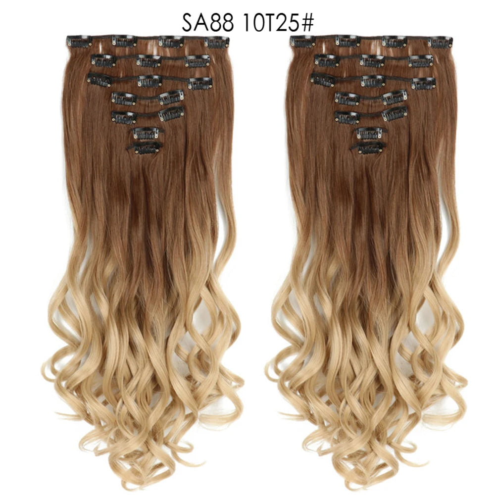 LINWAN Hair 22inch Ombre Hair Long Curly Hair Extension 16 Clips High Tempreture Synthetic Hairpiece Clip In Hair Extensions