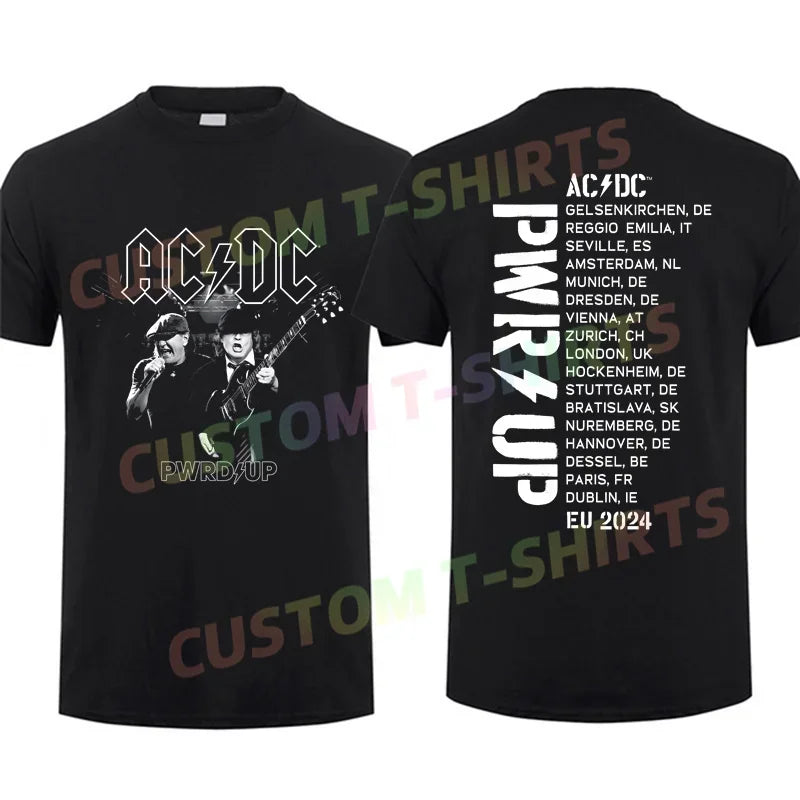 2024 Men T Shirt Casual AC Pwr Up World Tour 2024 DC Signature Rock Band T-shirt Graphic Summer Short Sleeves 100% Cotton S-3XL