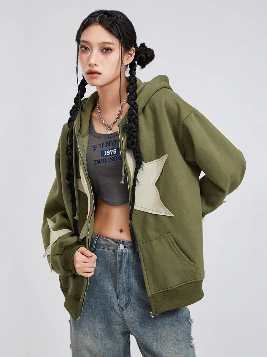 Y2K Vintage Star Print Hooded Hoodie for Women Casual Loose Long Sleeve Zip Up Drawstring Sweatshirts Autumn Spring Coat Street