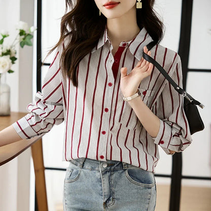 Shirts for Women New Slim Women's Clothing Fashion Polo-Neck Striped Womens Tops Long Sleeved Blouse Women OL Autumn Women Shirt