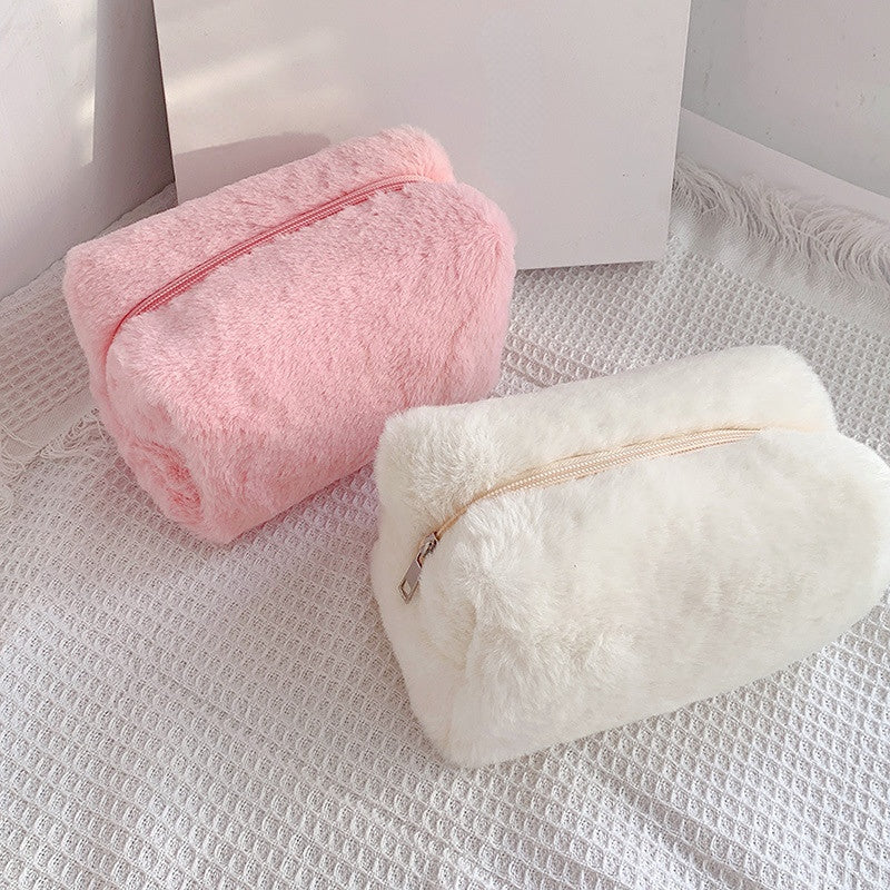 Cute Plush Makeup Bag for Women Zipper Large Solid Color Cosmetic Bag Travel Make Up Toiletry Bag Washing Pouch Plush Pen Pouch